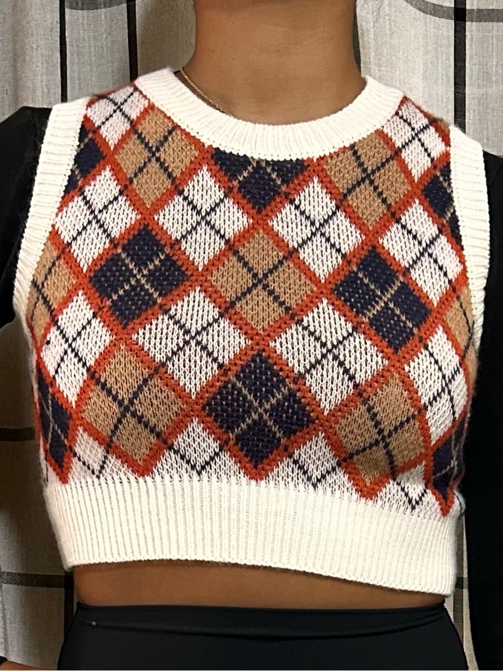 Better Be Argyle Cropped Knit Tank - White, Camel, Orange, Navy SZ:S